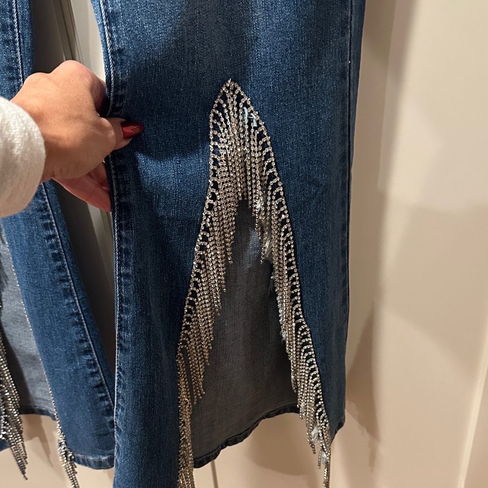 Blue Flared Women Jeans with Fringe Rinestone Details - Picture 2 of 3